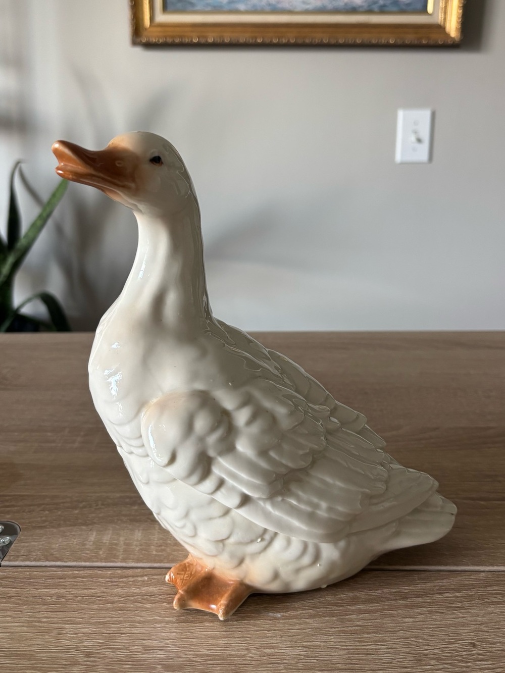 Ceramic Vintage White Porch Duck Figurine with Orange Beak and Feet